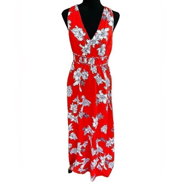 JAPNA red floral maxi dress with button back and back smocking size M - Picture 1 of 8